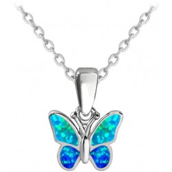 S50-486 Třpytivý stříbrný náhrdelník motýlek s modrým opálem
